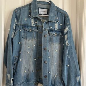 Women's Blue Denim Jacket with Pearl Accents